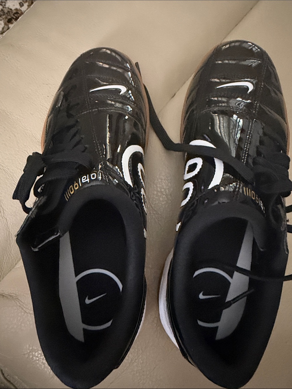 Women’s Nike Black Patent Leather Sneakers with White Swoosh, Nike Total 90.